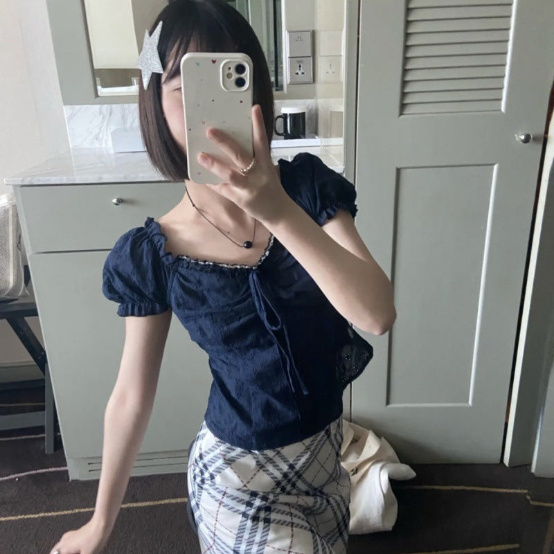 Blouse Bleu à Manches Bouffantes et Dentelle