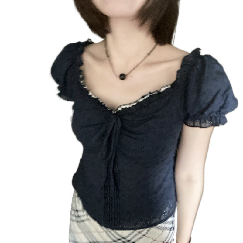 Blouse Bleu à Manches Bouffantes et Dentelle