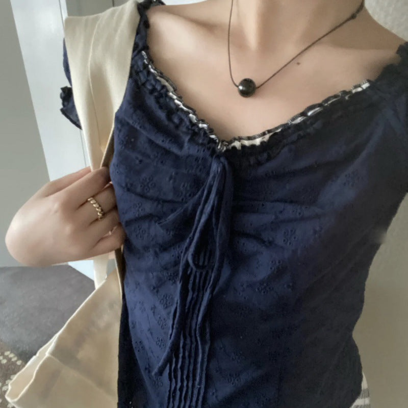 Blouse Bleu à Manches Bouffantes et Dentelle