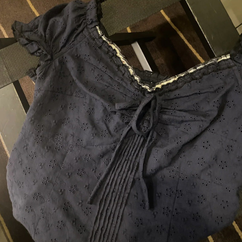 Blouse Bleu à Manches Bouffantes et Dentelle