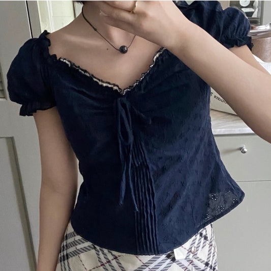 Blouse Bleu à Manches Bouffantes et Dentelle